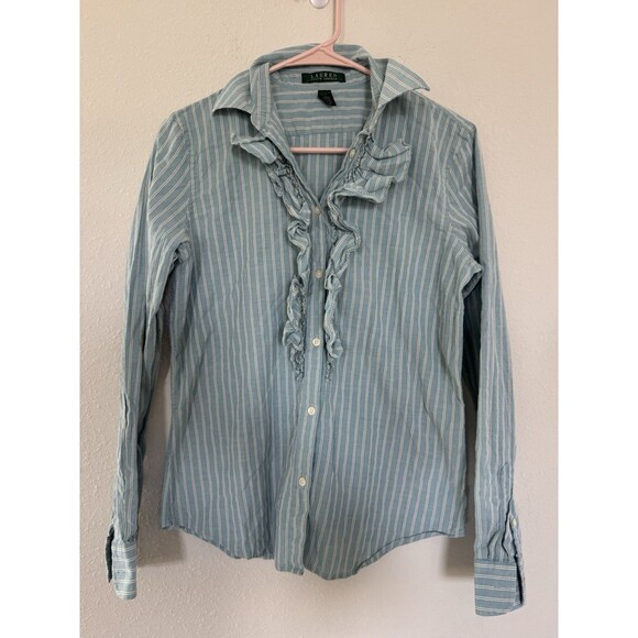 Ralph Lauren vintage 90s ruffle button down shirt blouse Peasant Royal Medium - Picture 4 of 8